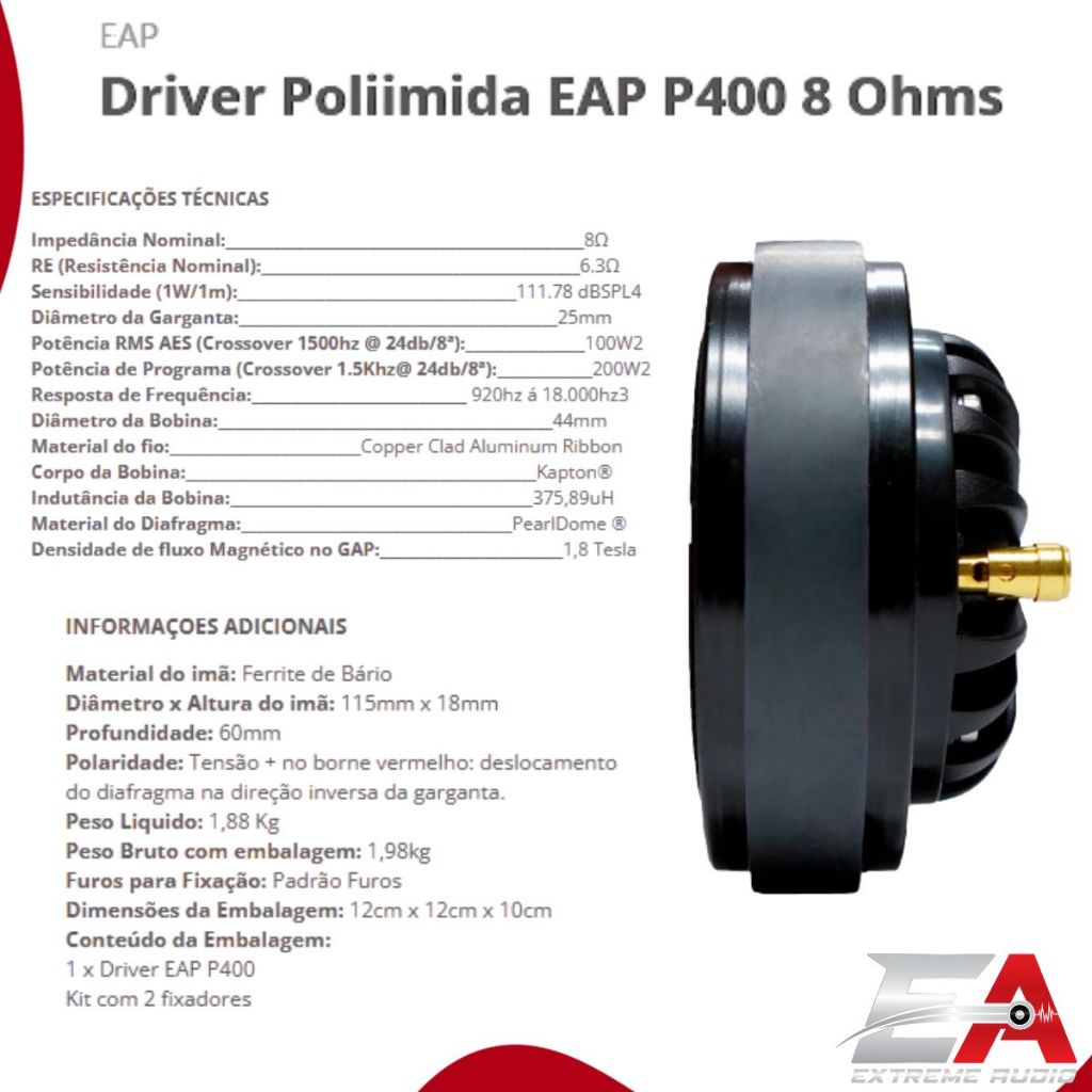 Detalhes do Driver Poliimida EAP P400 8 Ohms Som Trio Automotivo