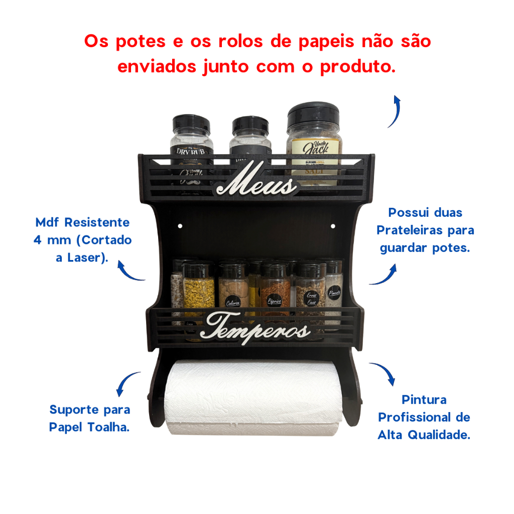 Porta Temperos Parede com Porta Papel Toalha e Local Para Colocar Potes.