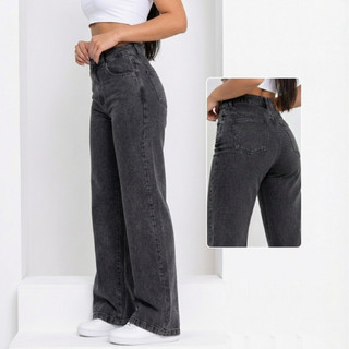 Calça Wide Leg Jeans Feminina Pantalona Cintura Alta 100% Algodão
