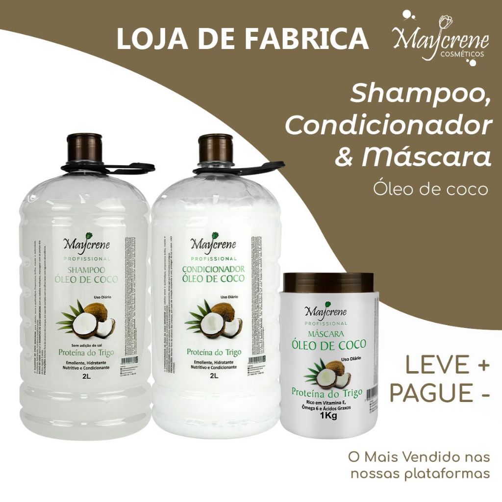 Kit Óleo de Coco Maycrene -   Shampoo 2L+ Condicionador 2L+ Máscara 1KG em Oferta na Shopee