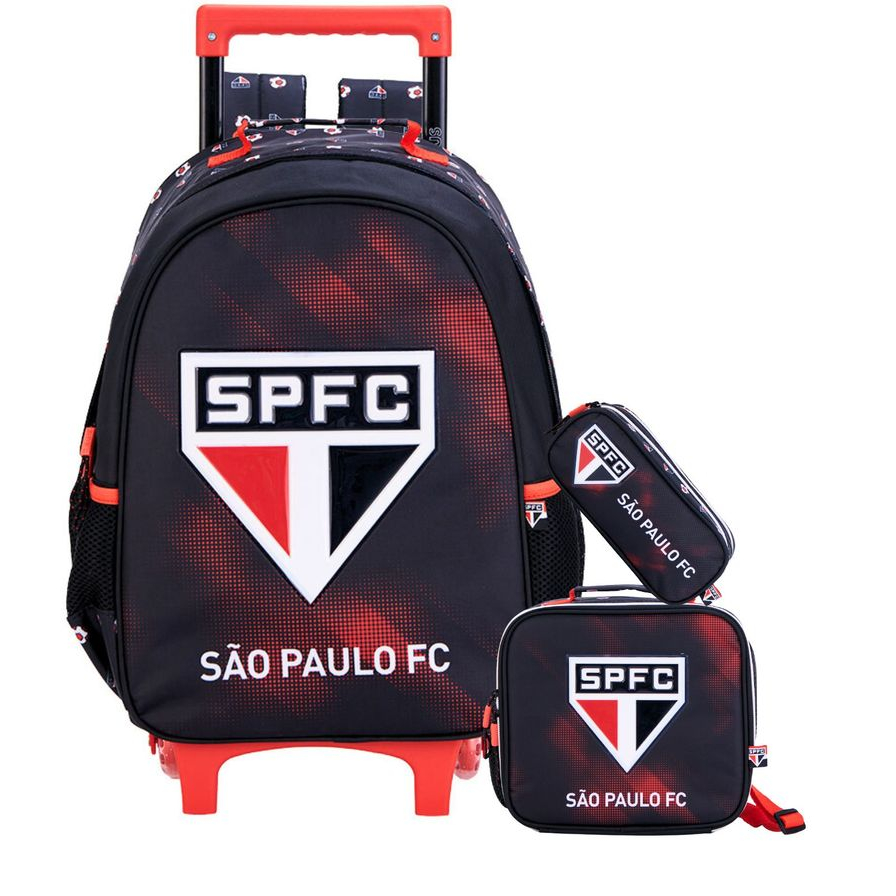 Kit Conjunto Escolar Infantil Menino Futebol Time São Paulo Tricolor Mochila Rodas + Lancheira + Estojo Duplo
