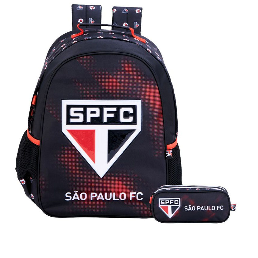 Kit Conjunto Escolar Infantil Menino Futebol Time São Paulo Tricolor Mochila de Costas + Estojo Penal Duplo