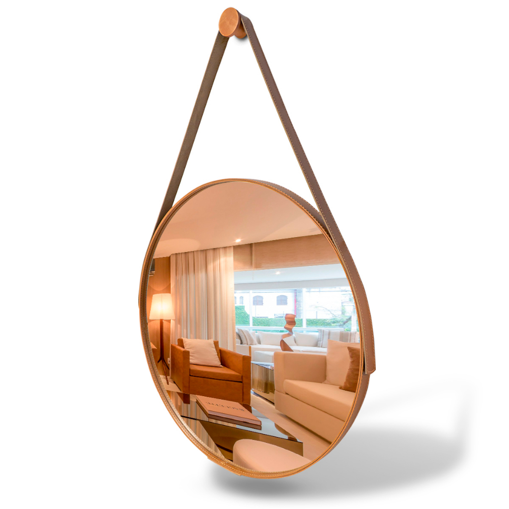Espelho Adnet Couro Costurado Com Alça + Suporte 60cm 50cm 40cm 30cm Sala Quarto Banheiro ...