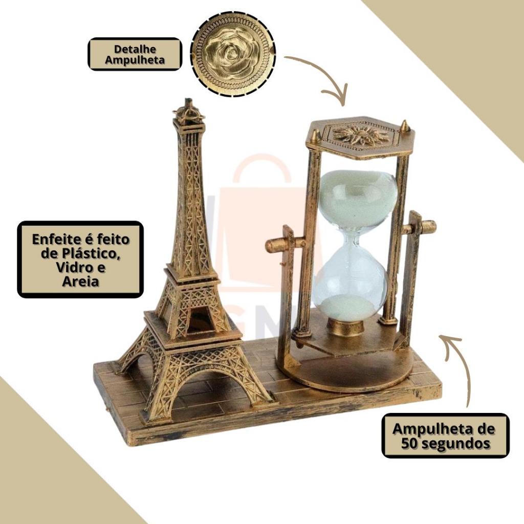 Torre Eiffel Paris Ampulheta Decorativa de Vidro 14cm Enfeite de Mesa com Areia Miniatura Luxo para Decoração Escritório