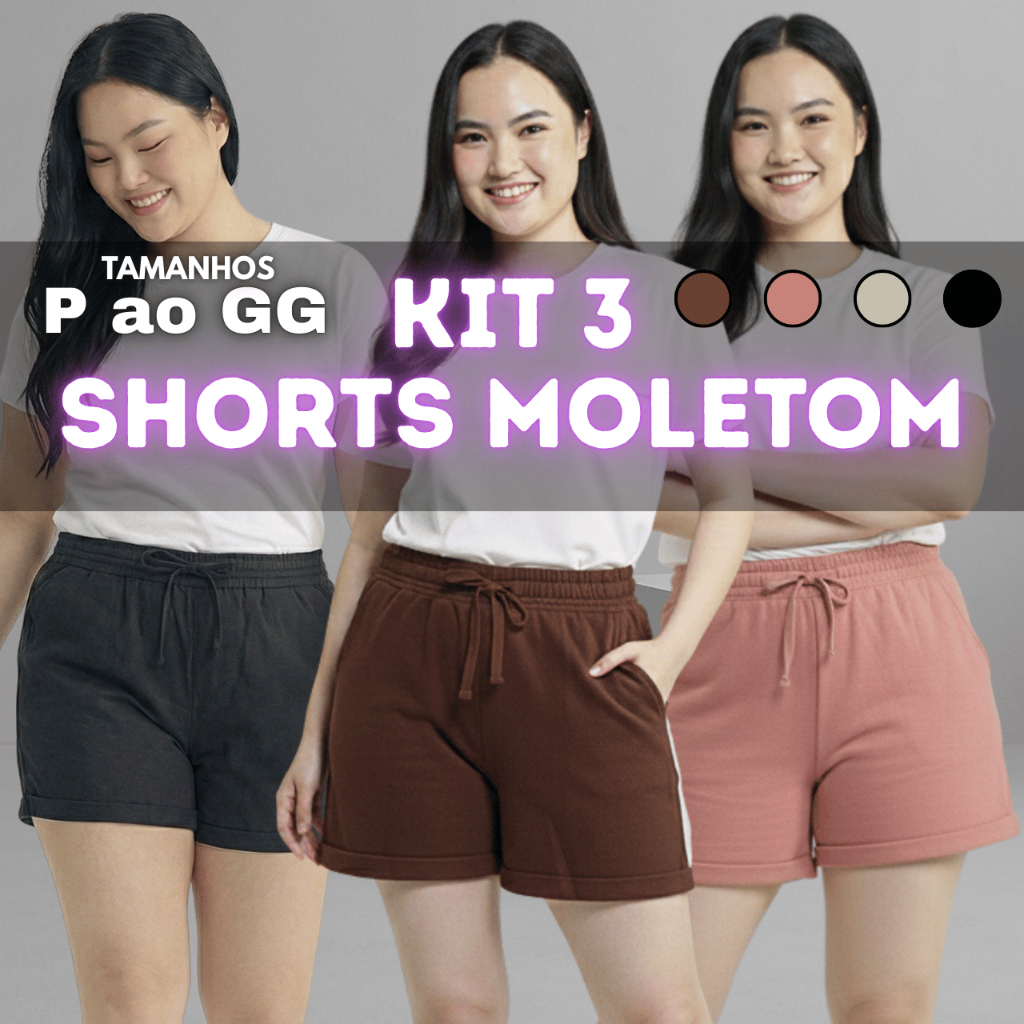 Kit 3 Shorts Moletom Feminino Confortável Calor Casual Leve Soltinho Moderna Preto Marrom Off-white Rosê