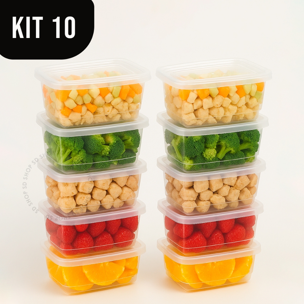 Imagem Kit 10 Potes Marmita 260ml Fitness Livre BPA Tampa Freezer Microondas Potinho Retangular Organizador