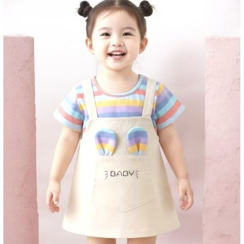 Vestido Infantil Jardineira Coelhinha com Camiseta Listrada Colorida