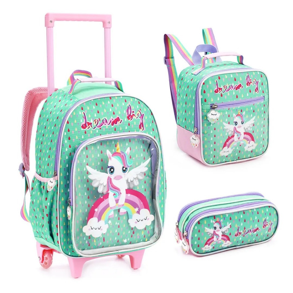 KIT MOCHILA COM RODAS INFANTIL UNICORNIO LIGA DOS SONHOS GRANDE DENLEX DL14444