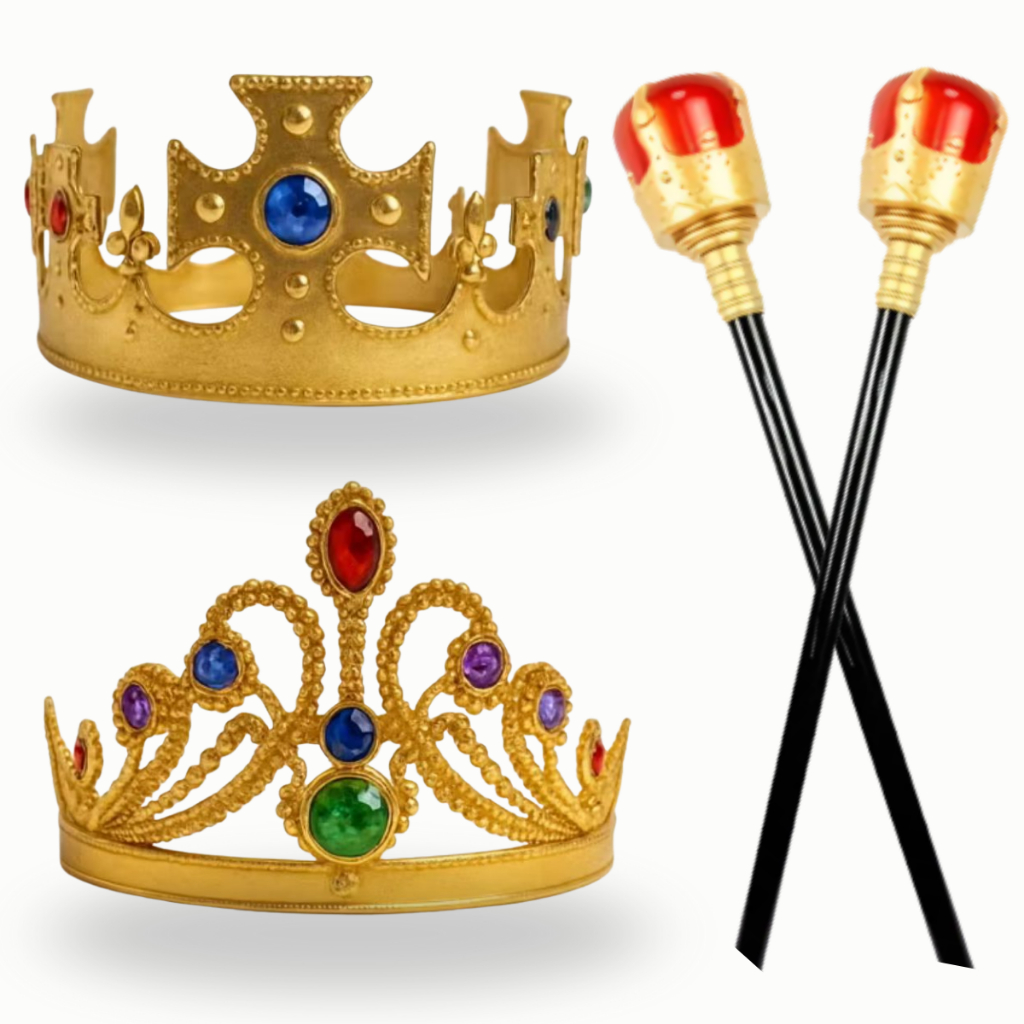 Kit Coroa Dourada Rei E Rainha Com Cetro Adulto E Infantil Carnaval Com Regulagem