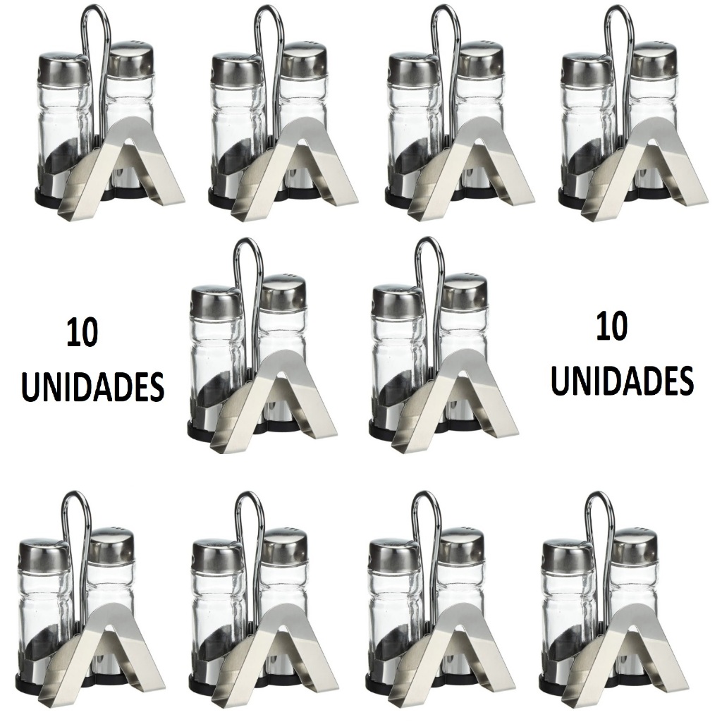 KIT 10 GALHETEIROS CROMADO SALEIRO, PIMENTEIRO, SUPORTE, VIDRO COM TAMP INOX, RESTAURANTE, PALITO, BAR,  MESA GUARDANAPO