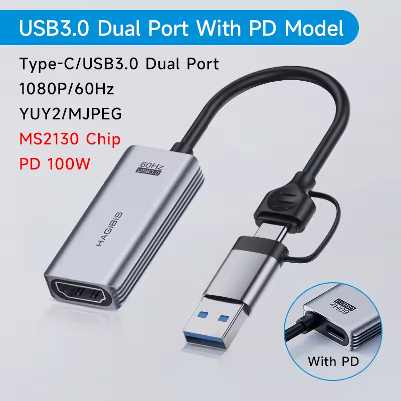 Placa De Captura Grava Vídeo e Áudio Hagibis Pc Consoles Live Usb 3.0 Hdmi 60hz PD 100w Tipo-C Sem Delay Compatível OBS