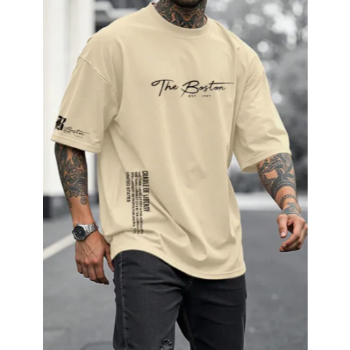T-shirt Boston Slogan Masculino - Impressão "The Boston", Ajuste Casual Oversized em Oferta na Shopee