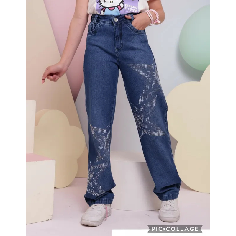 Calça Jeans Strass Boiadeira Wide Leg Infantil Juvenil em Oferta na Shopee