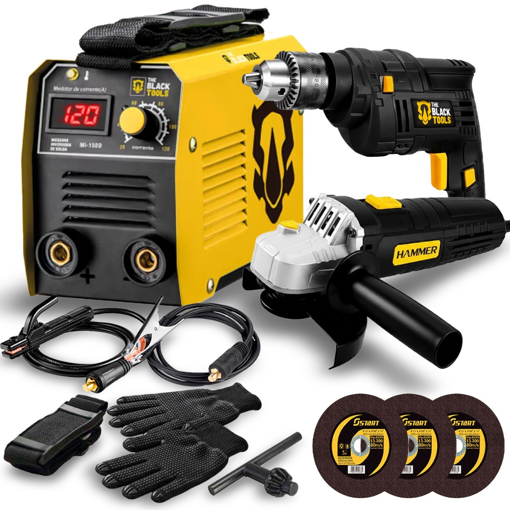 Kit Máquina De Solda 120a Visor Digital C/ Esmerilhadeira Angular 4.1/2" E Furadeira Impacto 3/8" 10mm 220V + Acessórios em Oferta na Shopee