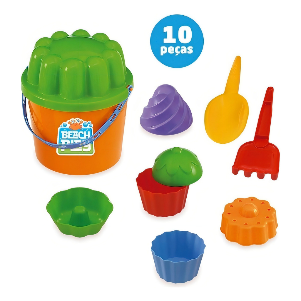 Kit Baldinho Balde De Praia Com 9 Acessórios Areia Beach Play Verão Criança Rastelinho e Pazinha