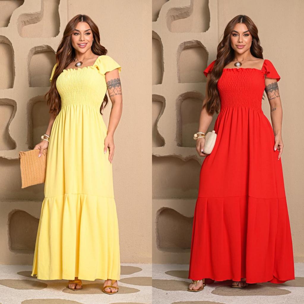 KIT 2 VESTIDOS LONGOS FESTA LASTEX ELEGANTE SOFISTICADO CASUAL VERSÁTIL CHIC CONFORTÁVEL TENDÊNCIA EVENTOS CAMPO BAILE .
