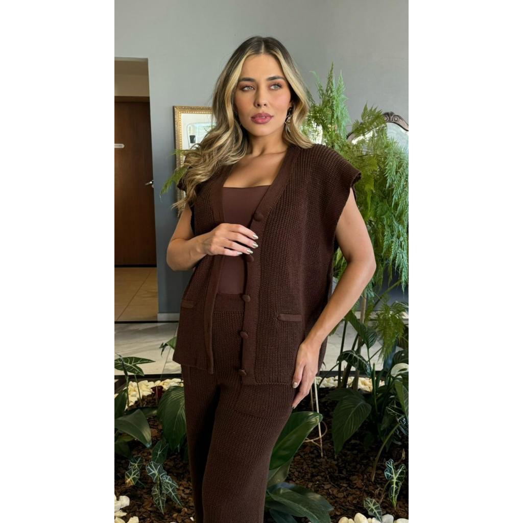 Conjunto Tricot Ponto Fang Feminino: Calça com Bolsos e Colete Elegante em Oferta na Shopee