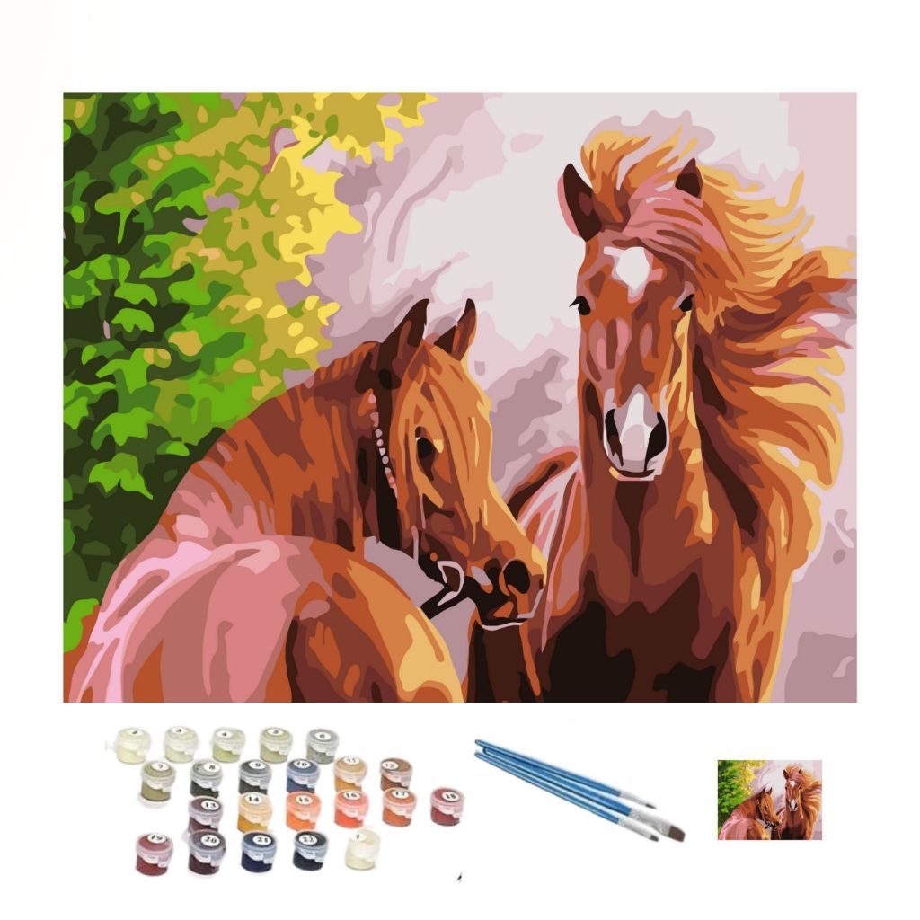 Kit de Pintura Numerada Cavalos 40x50 cm - kit completo 1 tela + 3 pincéis + 24 tintas