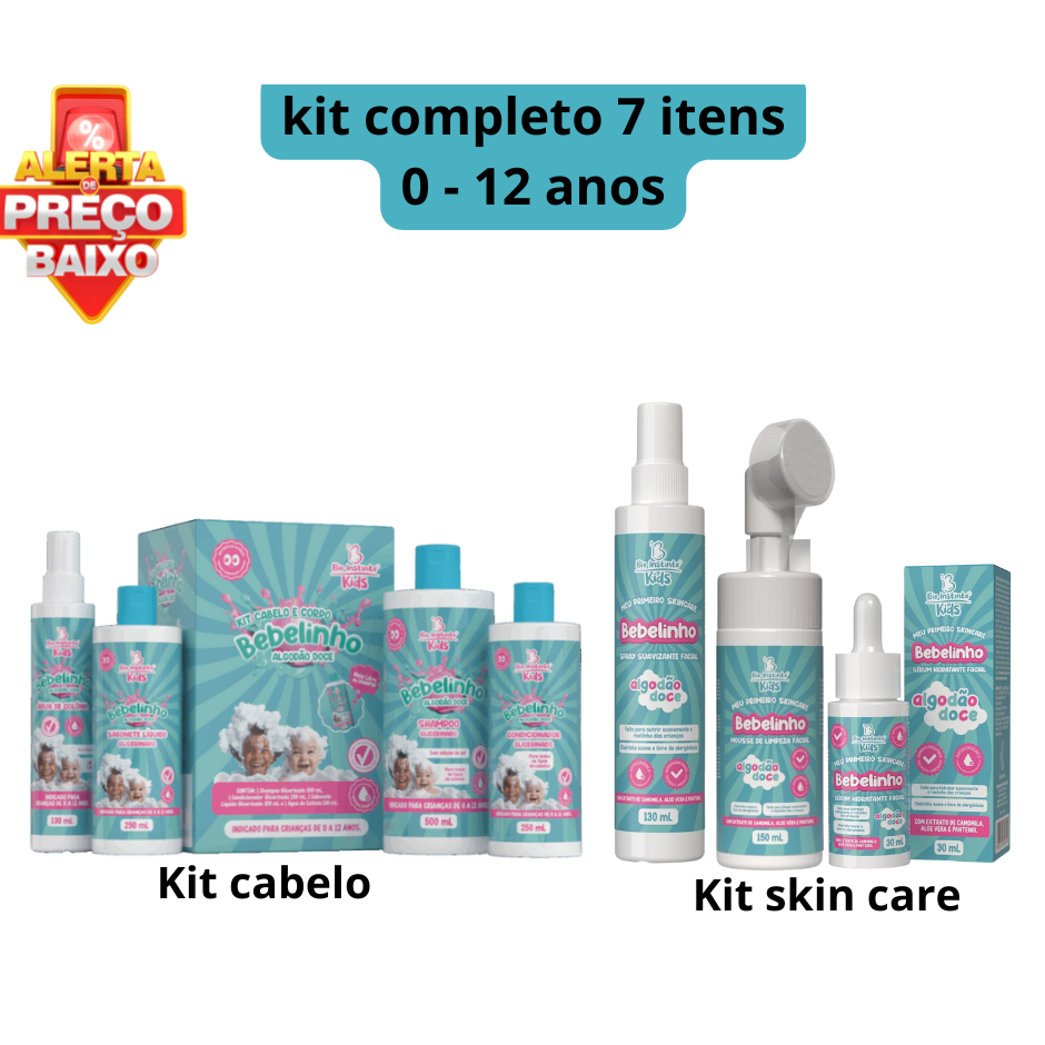 Kit Capilar Shampoo condicionador Sabonete Liquido Colônia e Skin care Kids Bebelinho Algodão Doce