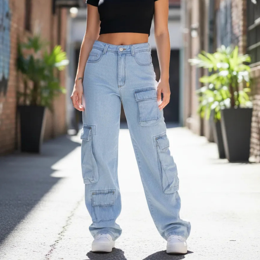 Calça Jeans Feminina Super Cargo Levanta Bumbum Cintura Alta Sal e Pimenta