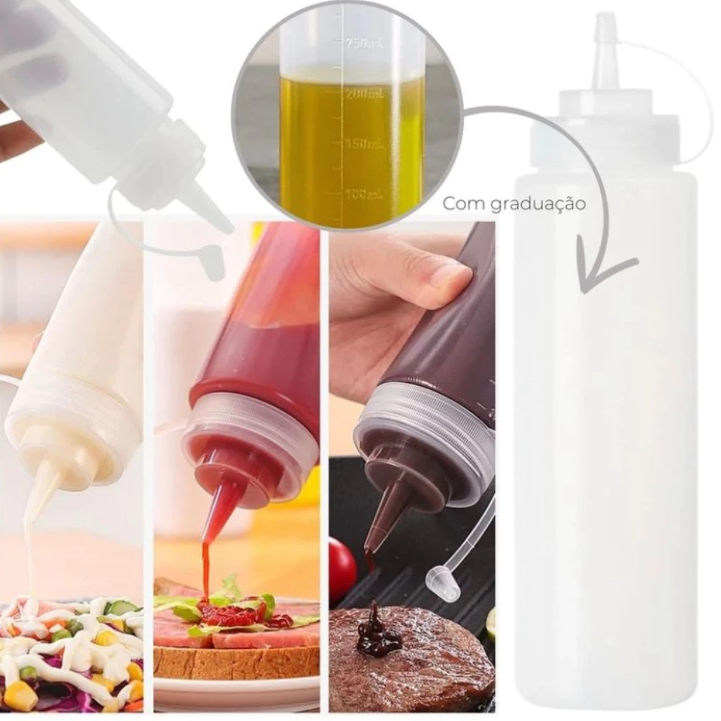 Bisnaga para molho 450ml/720ml/1litro com tampa e medidor