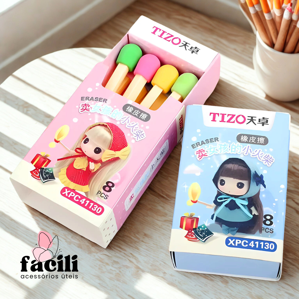 Borrachas 8 Fósforos na Caixinha - Papelaria Fofa Kawaii Escola e Escritório
