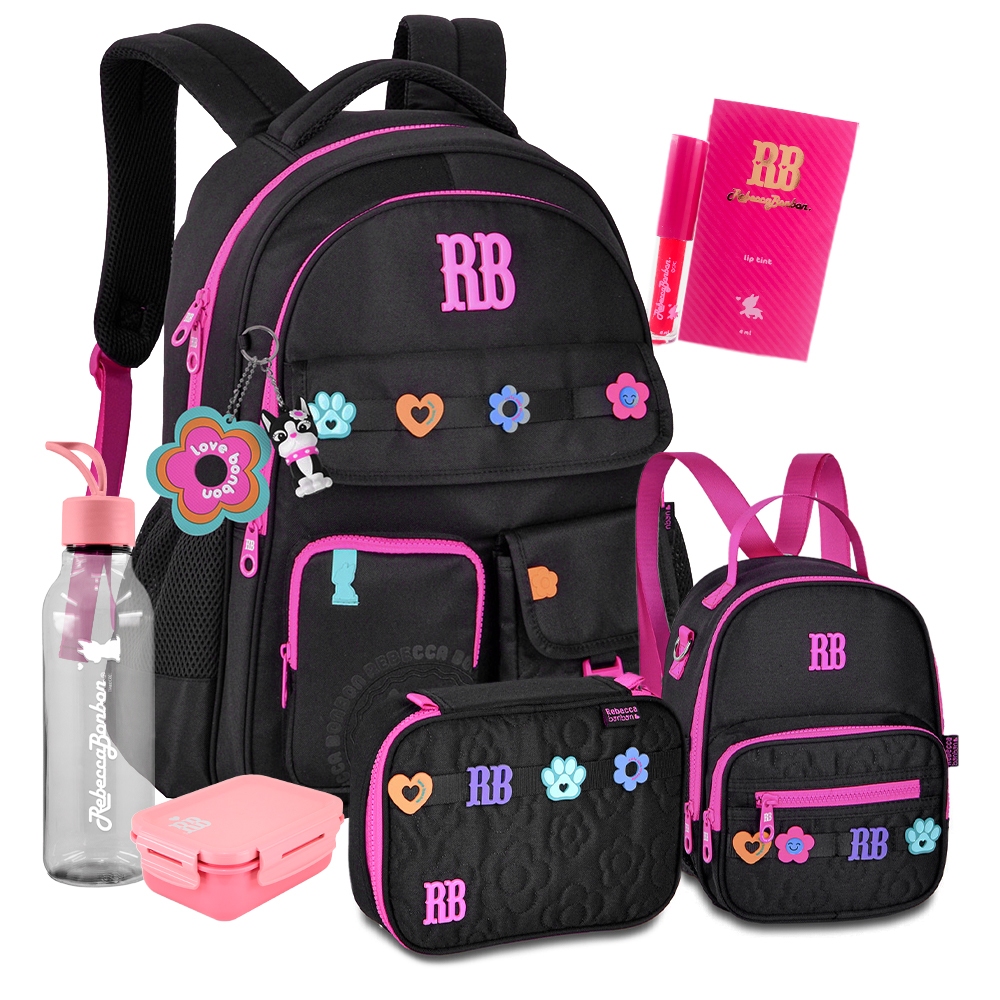 Kit Mochila Costas Estojo Box Metalizada Brilho Squeeze Oficial Rb Lancamento Adolescente Escolar Universitaria Pompom