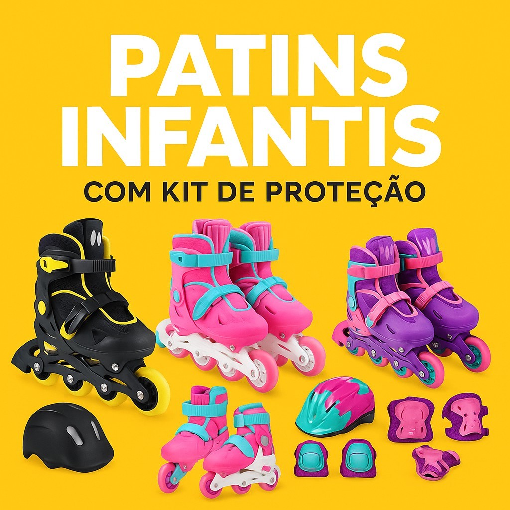 Patins Infantil Ajustavel Conjunto Completo Protecao Capacete Joelheira Roxo, Rosa e Preto