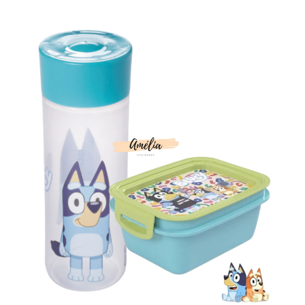 Kit Marmita com Trava e Garrafinha de Agua 500ML Infantil Bluey Lancheira com Tampa Passeio Plasútil