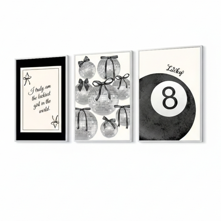 Quadros decorativos Carta, bola de bilhar e discoteca em tons preto e prata elegante (3 peças)