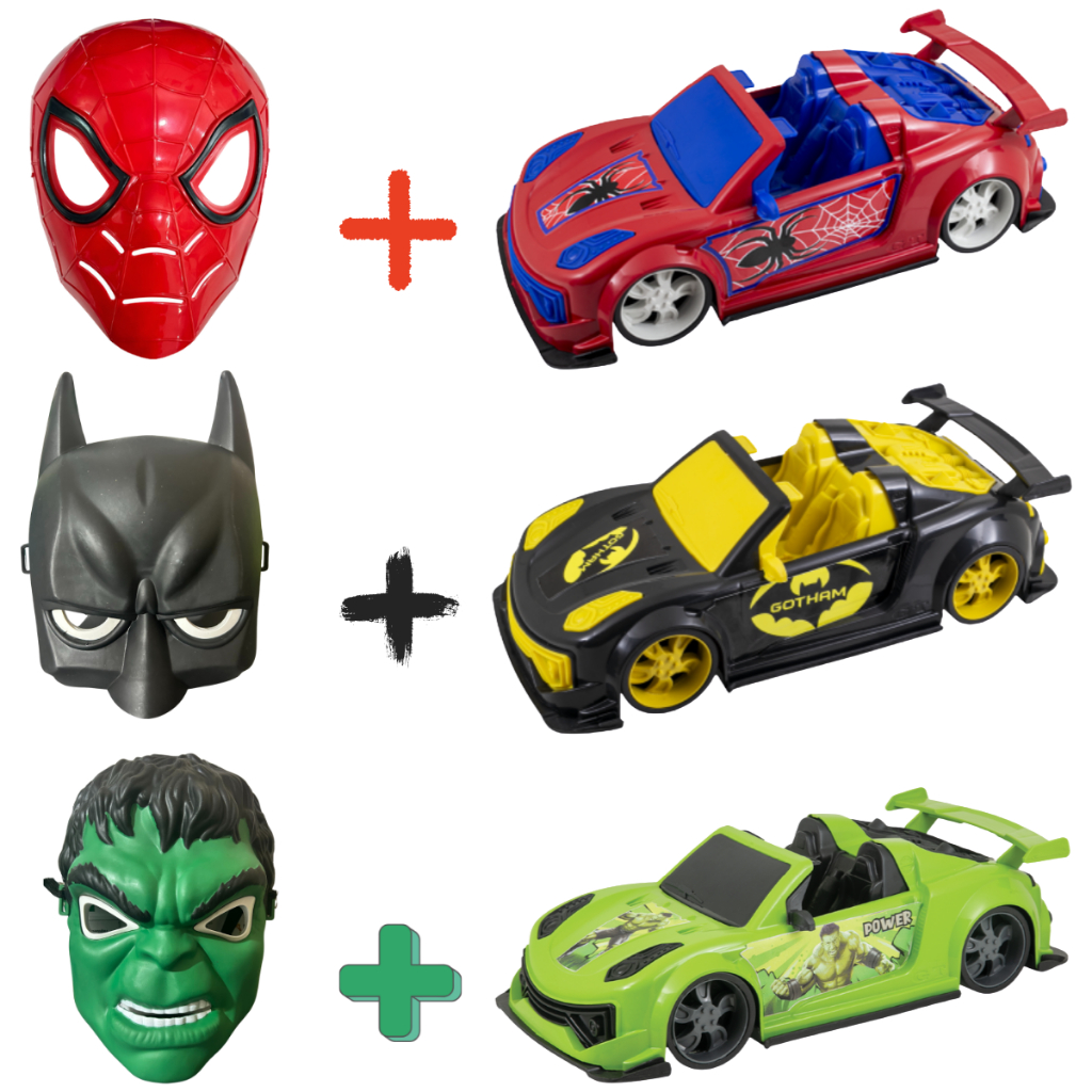 Kit Carro + Máscara Infantil Heróis Kendy Homem-Aranha Hulk Batman Brinquedo Menino Diversão Garantida