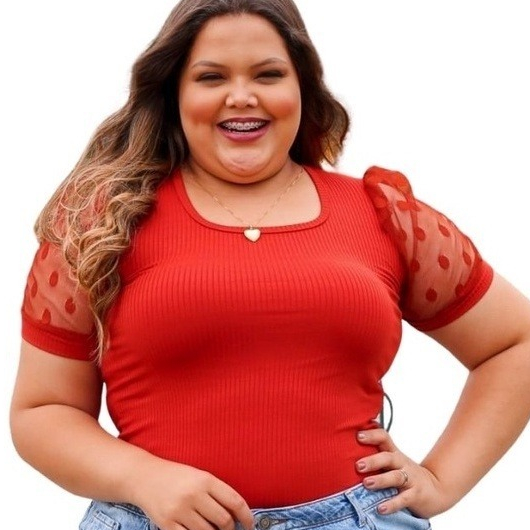 Blusa Plus Size Manga Princesa Tule Poá Blusinha Canelada Manga Princesa Blusa Feminina Plus