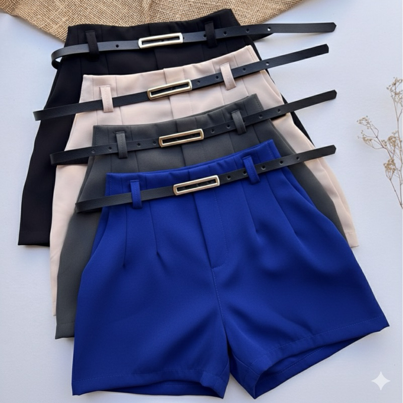 Short alfaiataria social feminino casual com zíper lateral acompanha cinto em Oferta na Shopee