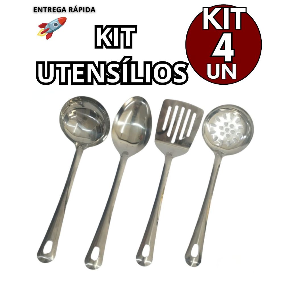Kit 4 Utensílios para Cozinha Inox 1 Concha 1 Escumadeira 1 Colher 1 Espátula Vazada Casa Cozinha