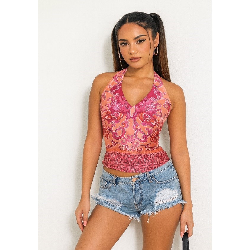 (P) Blusa Paisley Em Cetim Rosa CGC Real Vintage Amarração No Pescoço Com Zíper Y2K Coconut Girl Boho Anos 80