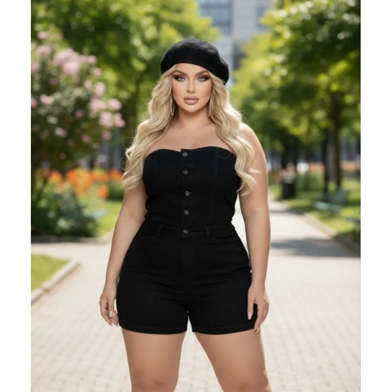 Macacão Jeans Feminino Short Plus Size Cos Alto Macaquinho Jardineira Tomara que Caia Preto Luxuoso 52/54/56