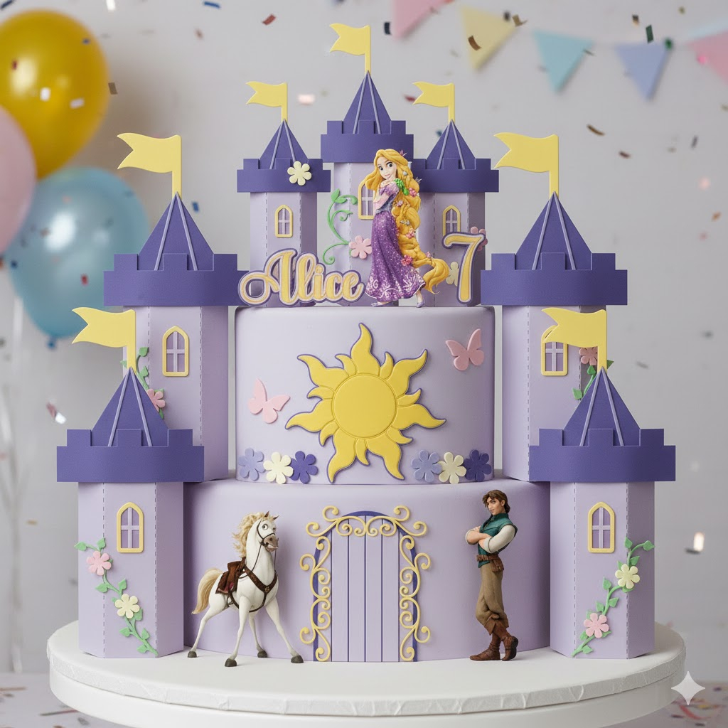 topper topo de bolo princesa Rapunzel enrolados castelo torres montadas 3d em camadas personalizado nome e idade luxo