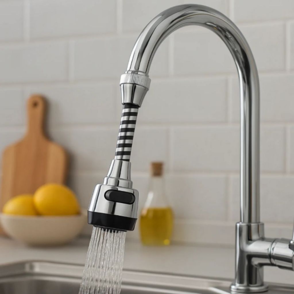 Extensor de Torneira Arejador – Giratório 360° com 2 Tipos de Jato - Contínuo/Chuveirinho – Aço Inox e Plástico PP
