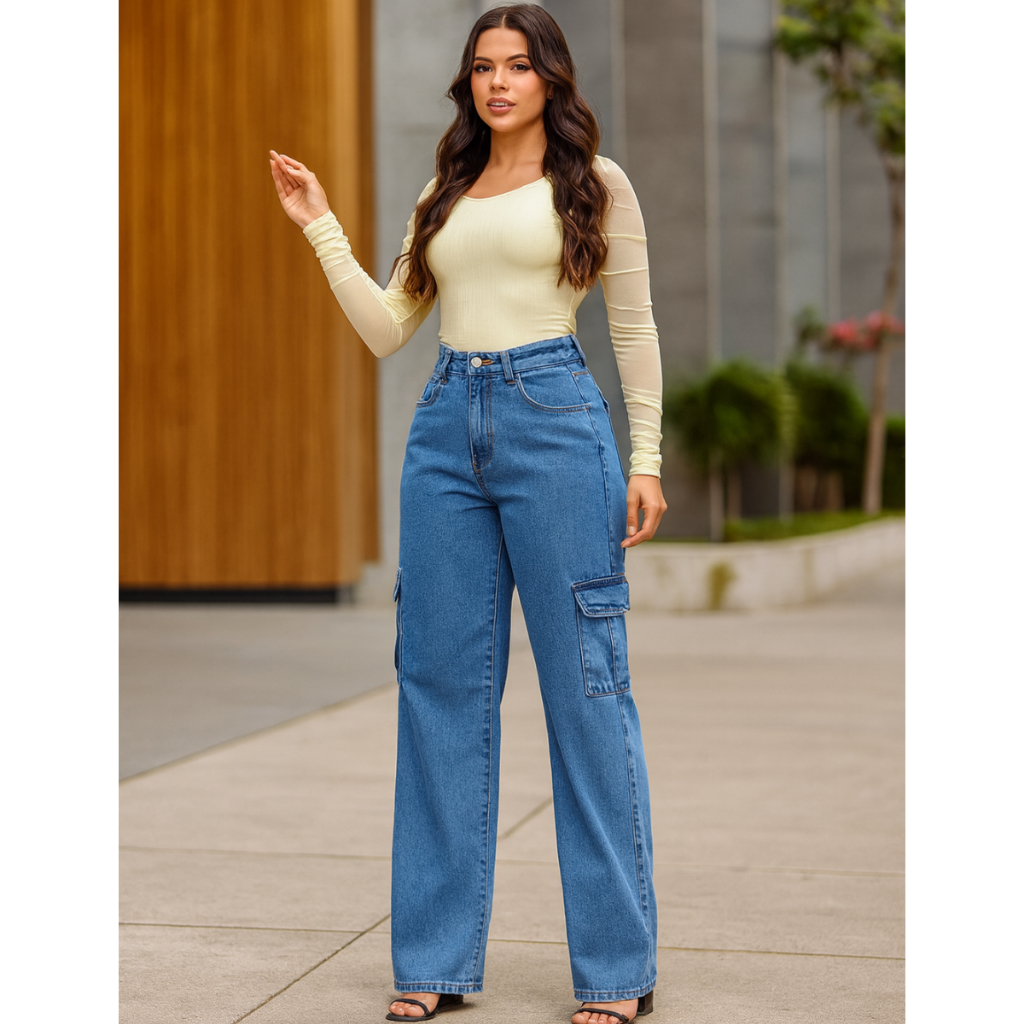 Calça Jeans Cargo feminina  Wide Leg Cintura Alta Com Bolsos Laterais Caimento Solto Perna Larga Pantalona