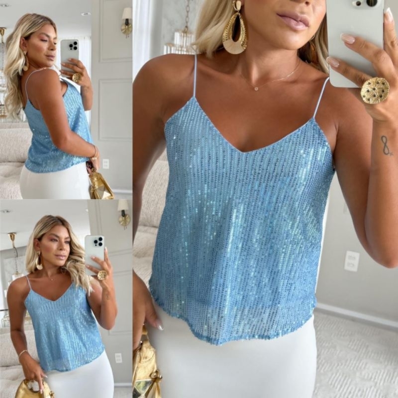 Blusa Feminina de Alcinha Paete Brilho Tendencia Festa Verão Reveillon em Oferta na Shopee