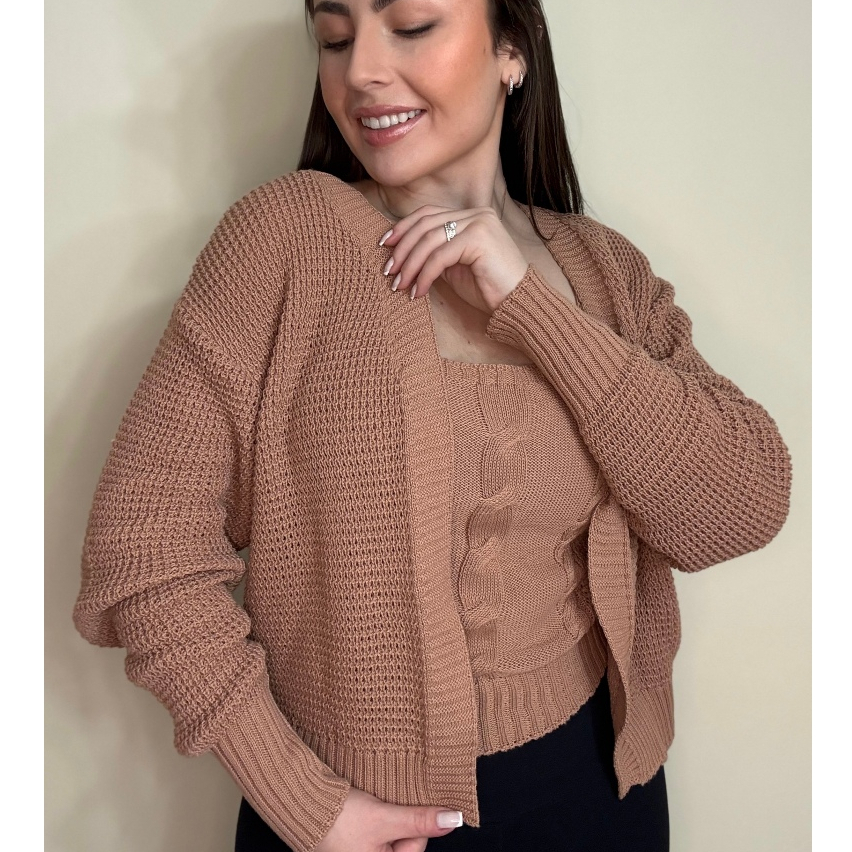 Conjunto Casaco Feminino Tricot + Regata | Twin Set Inverno Estilo Coreana | Cardigan Casu...