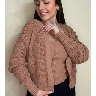 Conjunto Casaco Feminino Tricot + Regata | Twin Set Inverno Estilo Coreana | Cardigan Casual de Frio em Oferta na Shopee