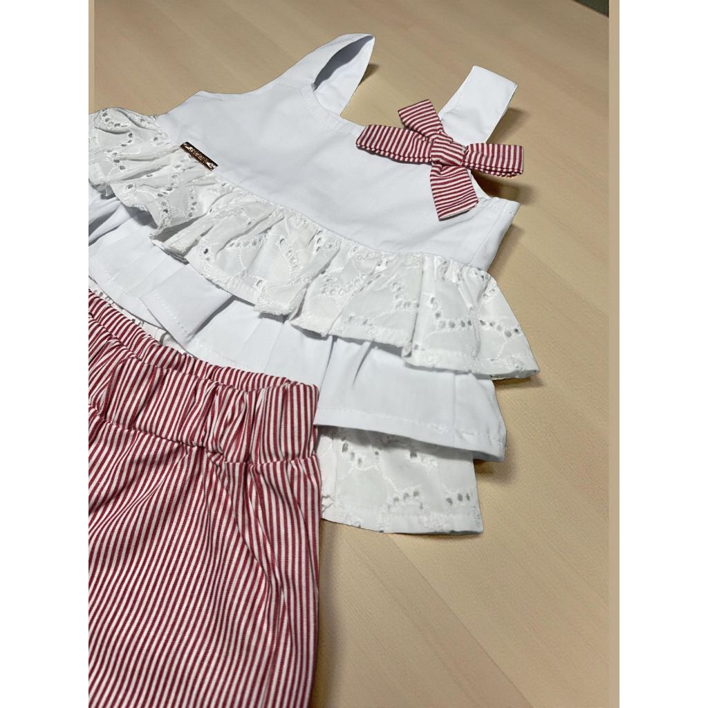 Conjunto Infantil Feminino Bata + Shorts Listrado Verão 2025