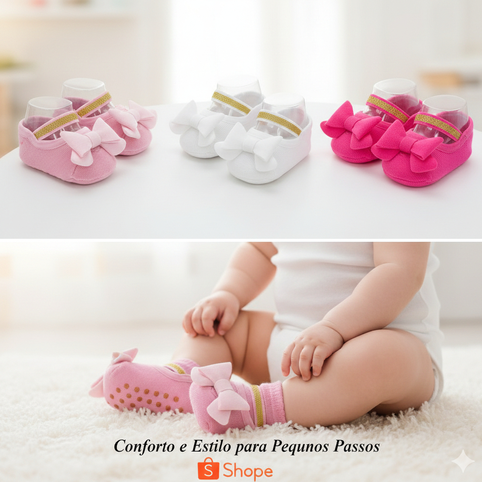 Meia Sapatilha Infantil Antiderrapante RN a 2 Anos - Bebê Menina Laço Conforto e Segurança em Oferta na Shopee