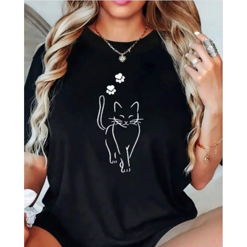 Baby look Blusinha Camisa T-shirt Feminino Minimalista Urbana Verão 100% Algodão Gato manga curta em Oferta na Shopee