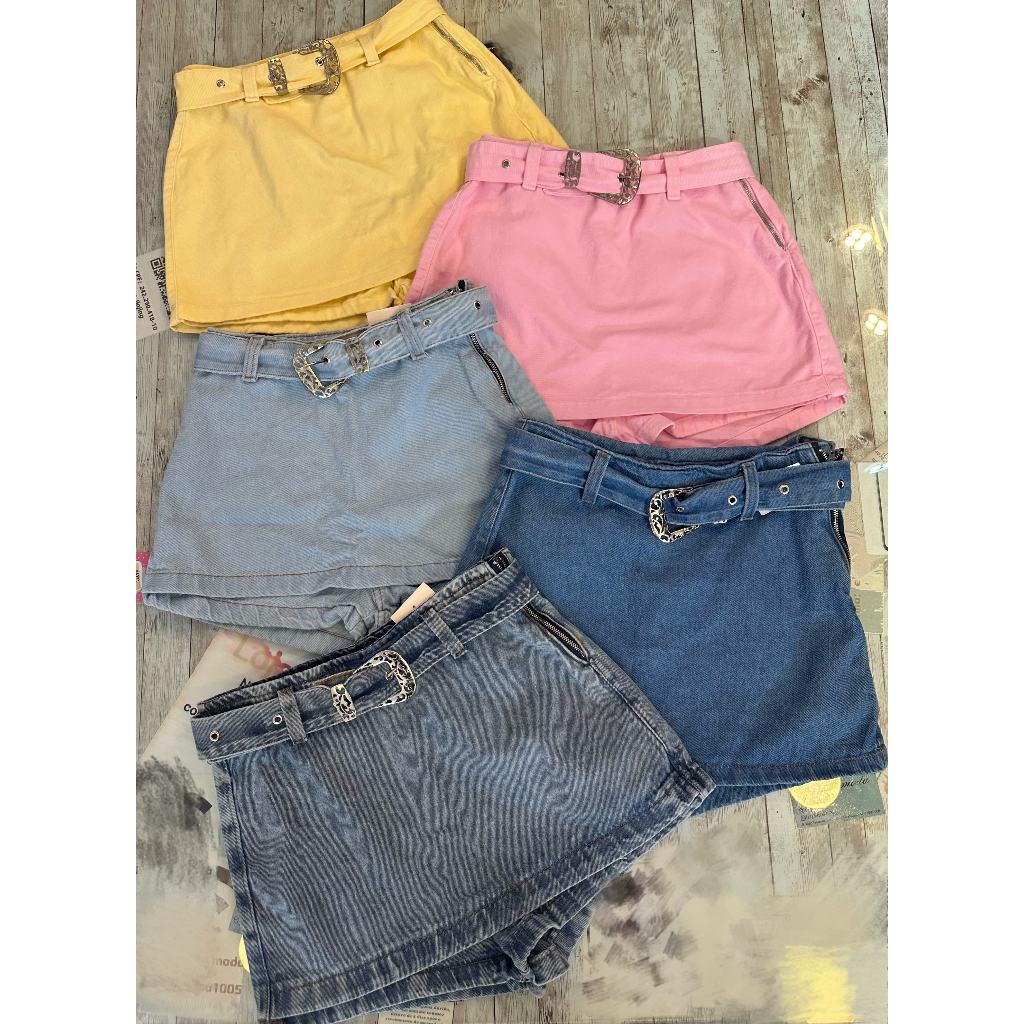 Short Saia Jeans com cinto shorts saia citura alto mon Femininas em Oferta na Shopee