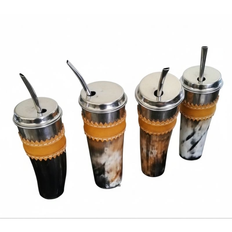 Caneca Guampa de Tereré Chifre Natural C/ Copo Alumínio e Tampa + Bomba GRÁTIS - KIT Completo