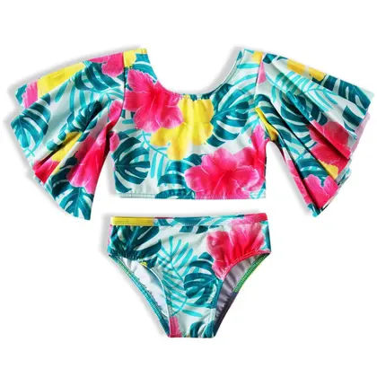 Biquíni Infantil cropped turquesa floral Tip Top UV50+