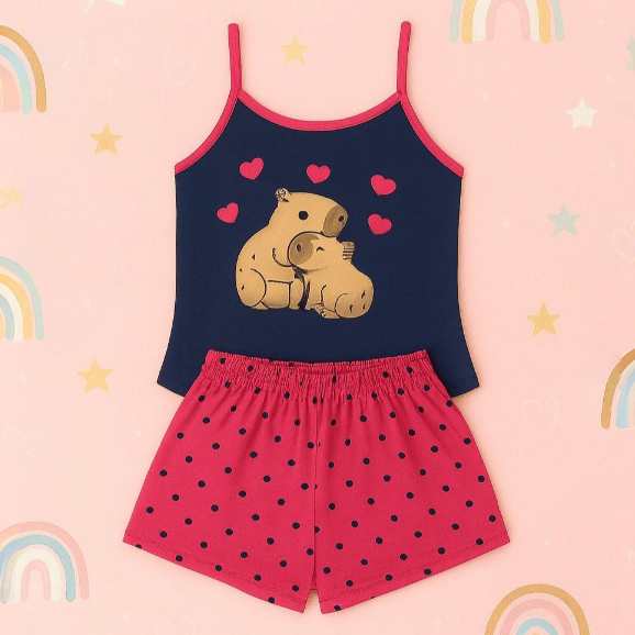 Baby Doll Infantil Malha Confort Capivara Fofa Pijama de Verao Roupa De Dormir Short Doll Menina