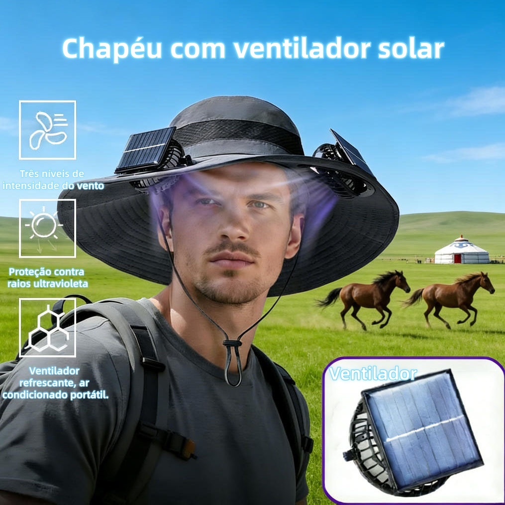 Chapéu com 2 ventiladores alta ventilação movidos a energia solar e recarregáveis por USB proteção UV protedor Solar em Oferta na Shopee